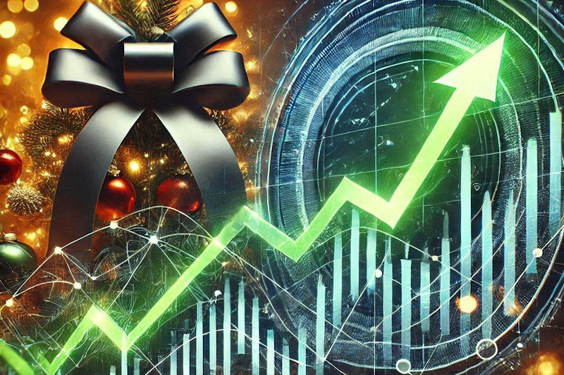 A stock market chart showing a stock's up and down movement, overlaid with a festive holiday theme. The image features a glowing green arrow indicating gains, and a bow with Christmas lights in the top left corner.