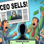 A cartoon drawing of a group of investors in a panic as one holds up a large newspaper with a headline "CEO SELLS!"