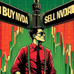 A graphic-novel-style illustration of a trader standing at a crossroads, caught between contradictory road signs, one saying "BUY NVDA" and the other saying "SELL NVDA". In the background, a chaotic stock chart. Bold red and green coloring.