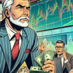 A comic book-style illustration of a confident older trader counting stacks of cash from covered call premiums, while NVDA stock moves wildly on a screen in the background. Other traders in the room look stressed, reacting to the volatility.