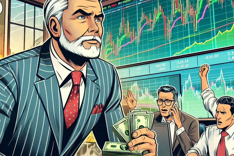 A comic book-style illustration of a confident older trader counting stacks of cash from covered call premiums, while NVDA stock moves wildly on a screen in the background. Other traders in the room look stressed, reacting to the volatility.