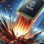 A dramatic illustration of an NVDA chip slamming into the stock market like a meteor.