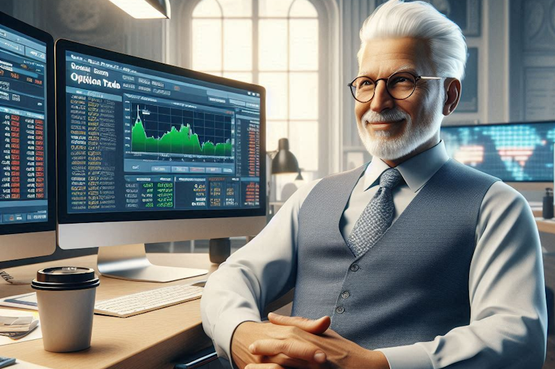 A confident older trader sitting at his desk with a satisfied expression. A chart appears on the computer screen next to him.