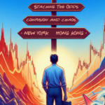 Illustration of a trader at a crossroads, looking up at a bunch of road signs pointing in different directions, saying "Stacking the Odds", "Chaos and Confusion" and "New York / Hong Kong".