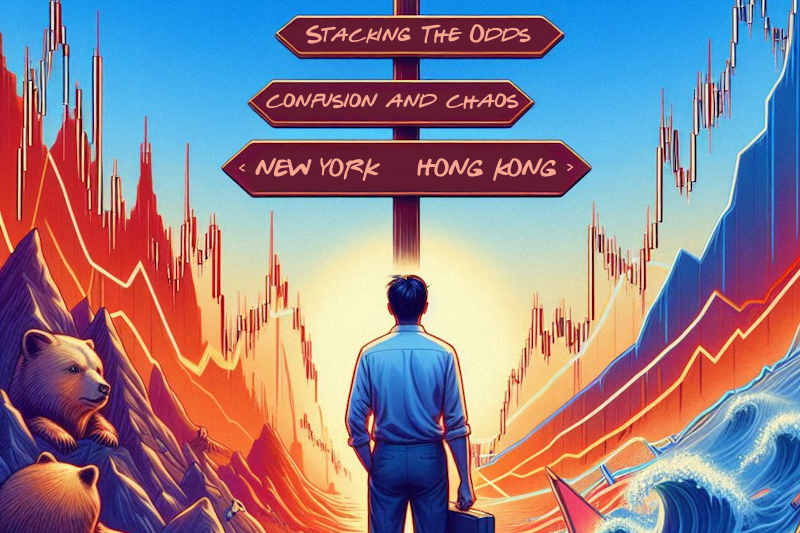 Illustration of a trader at a crossroads, looking up at a bunch of road signs pointing in different directions, saying "Stacking the Odds", "Chaos and Confusion" and "New York / Hong Kong".