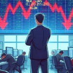 Illustration of a stock market floor, where exhausted traders sit slumped at their desks, surrounded by screens flashing red numbers and downward arrows. One trader stands confidently in the foreground, arms crossed. Above him, the tickerboard says "New Lows Again"