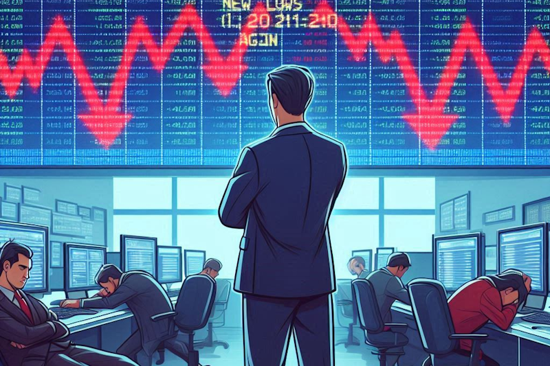 Illustration of a stock market floor, where exhausted traders sit slumped at their desks, surrounded by screens flashing red numbers and downward arrows. One trader stands confidently in the foreground, arms crossed. Above him, the tickerboard says "New Lows Again"