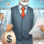 A trader stands in front of a room holding a bag of cash. We cannot see his face, but the traders behind him are panicking. And the stock chart in the background is crashing.