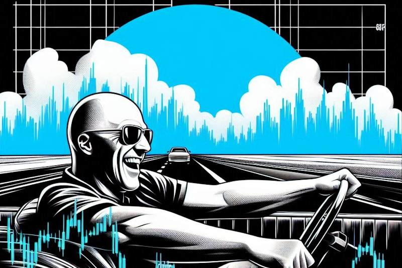 A bold, high-contrast illustration of a bald trader driving down an open highway, relaxed and smiling, while wildly gyrating stock charts subtly overlay the sky and foreground. The scene symbolizes trading with freedom — not being chained to the screen all day.