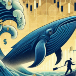 A large whale swimming through the ocean, golden dollar signs all around it.. Nearby, a small trader on a paddleboard looks on.