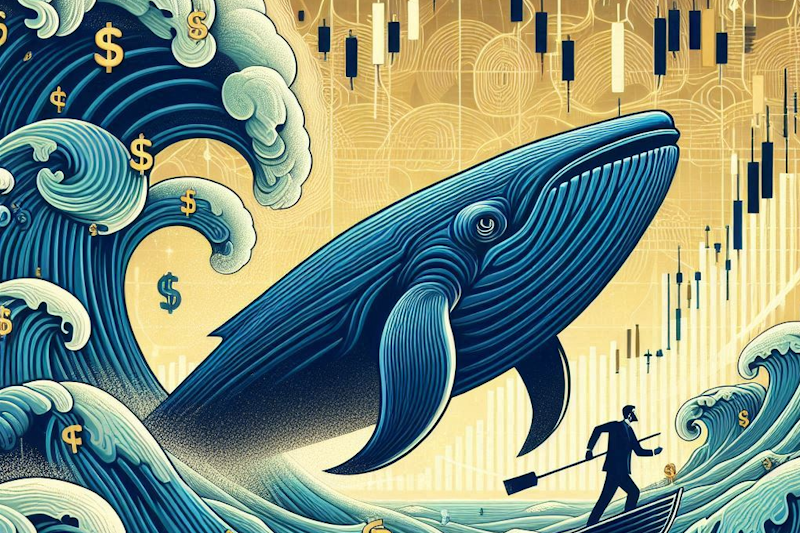 A large whale swimming through the ocean, golden dollar signs all around it.. Nearby, a small trader on a paddleboard looks on.