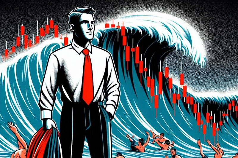 A financial illustration of a confident trader standing on a beach fully dressed, while other traders scramble for cover as the tide goes out. A wave looms over them, with a superimposed bearish stock chart, indicating they're going to get crushed.