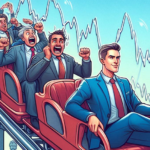 Cartoon illustration of a confident trader sitting back calmly in the front row of a wild stock market rollercoaster. Other traders on the ride look panicked, gripping their seats and yelling.