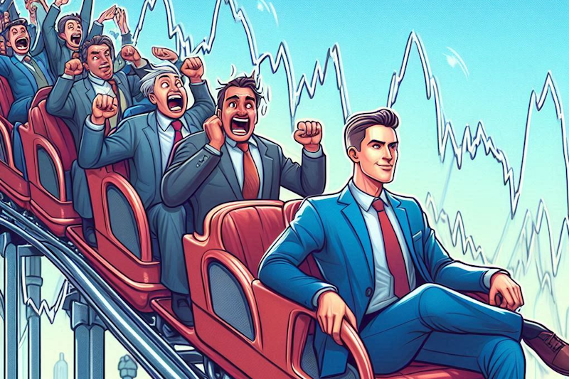 Cartoon illustration of a confident trader sitting back calmly in the front row of a wild stock market rollercoaster. Other traders on the ride look panicked, gripping their seats and yelling.