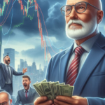 A photorealistic illustration of a calm older, bald trader counting cash while the stock market plunges in the background. Other traders are seen panicking.