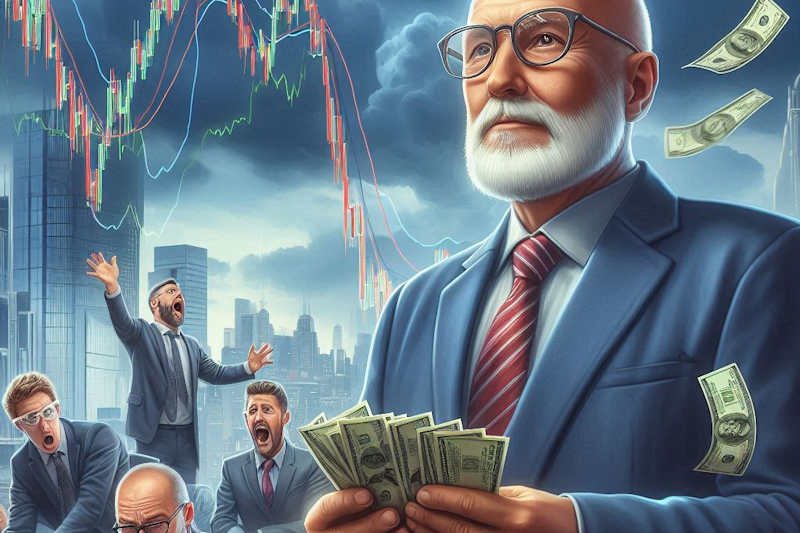 A photorealistic illustration of a calm older, bald trader counting cash while the stock market plunges in the background. Other traders are seen panicking.