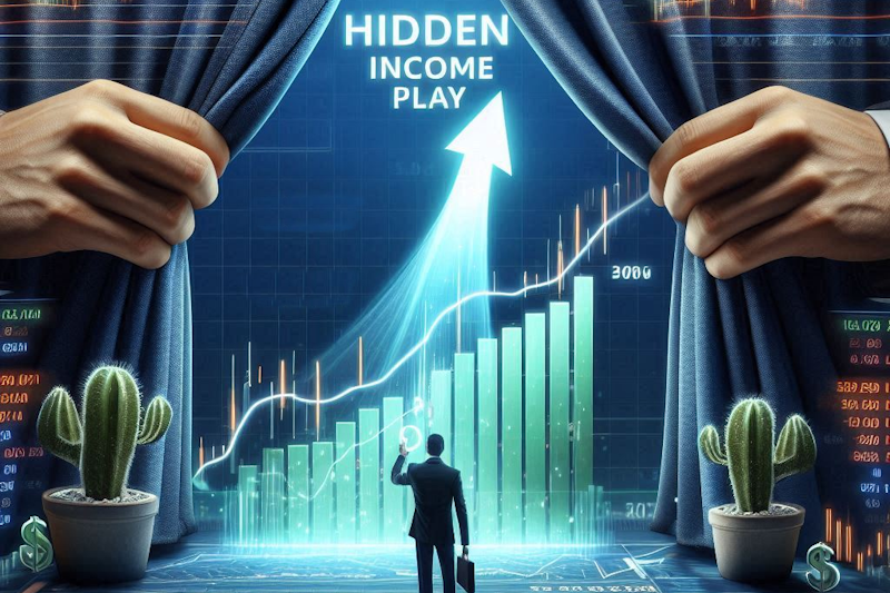 Illustration of a trader uncovering a hidden income opportunity, as giant hands pull back a curtain labeled “Hidden Income Play” to reveal a glowing stock ticker with rising stock chart.