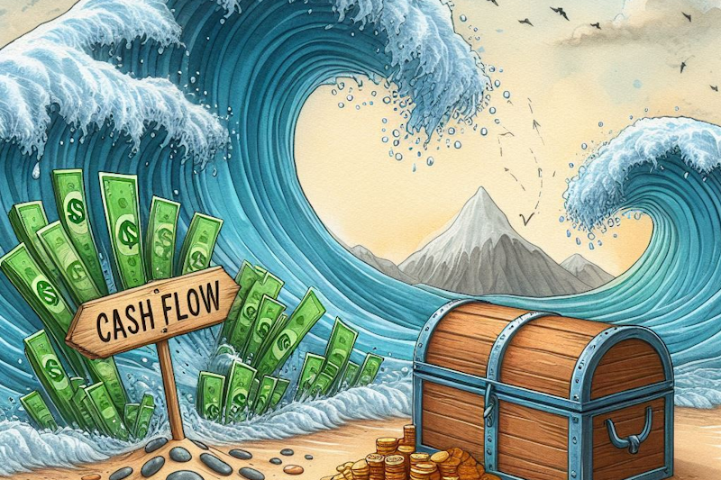 An illustration of "stock market waves" crashing onto a beach. Nearby, a small treasure chest labeled “Cash Flow” peeks out from the sand, hinting at hidden income opportunities in this turbulent market.