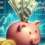 Cash going into a pink piggy bank as Bitcoins lay scattered around. In the background, volatile stock charts.