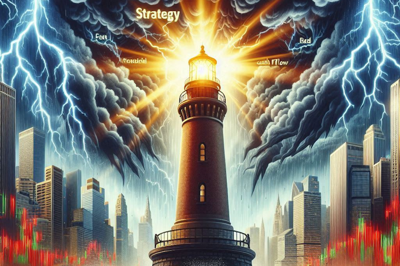 A dramatic illustration of a powerful storm over Wall Street, with dark clouds, lightning bolts, and stock charts flashing red. In the center stands a sturdy lighthouse, its golden light cutting through the chaos, guiding traders with principles like Income, Strategy, etc.