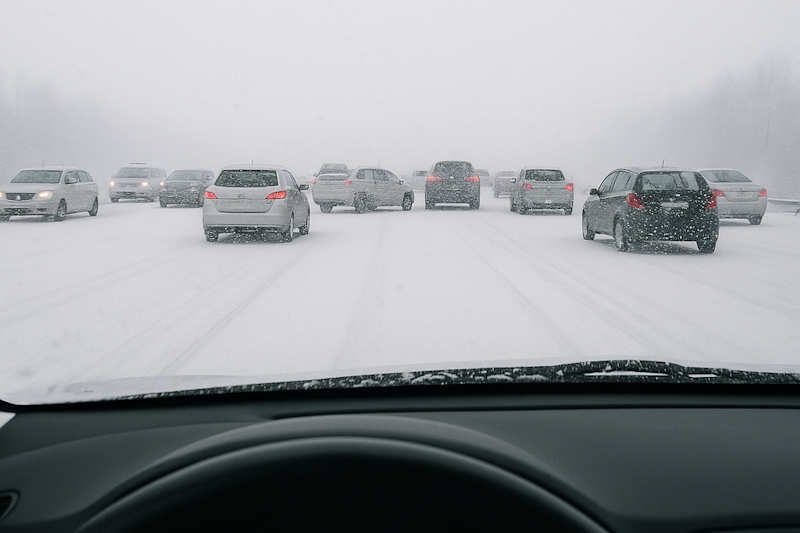 We are inside a car during a snowstorm has covered the road, wiping out any semblance of road lines. Cars ahead us are chaotically drifting between lanes.