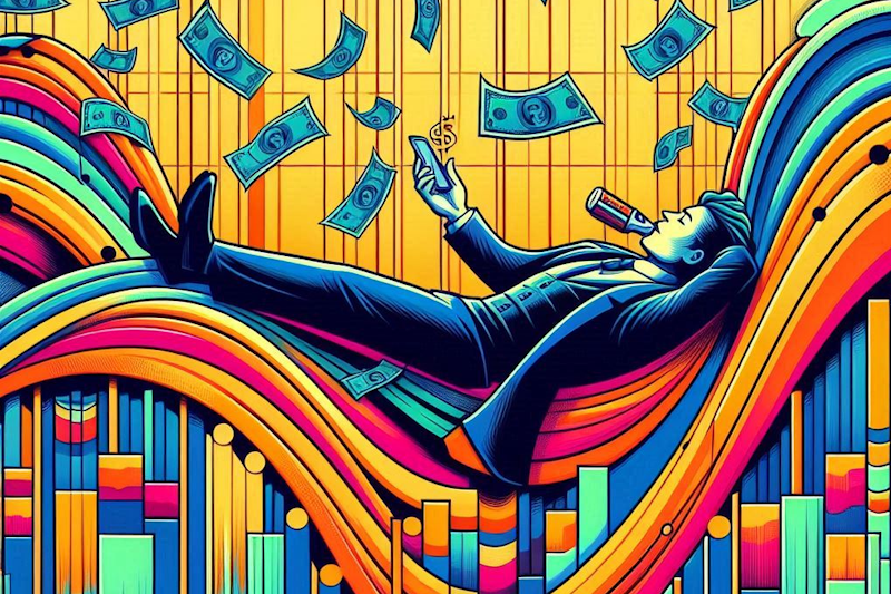 A colorful, bold illustration showing a stock chart bouncing horizontally with a cartoon trader calmly laying on the horizontal part like a hammock, collecting money.