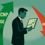 A trader standing between a rising green arrow with bullish tickers (CNP and ATGE) in it and a falling red arrow with a bearish ticker (HOLX) in it.
