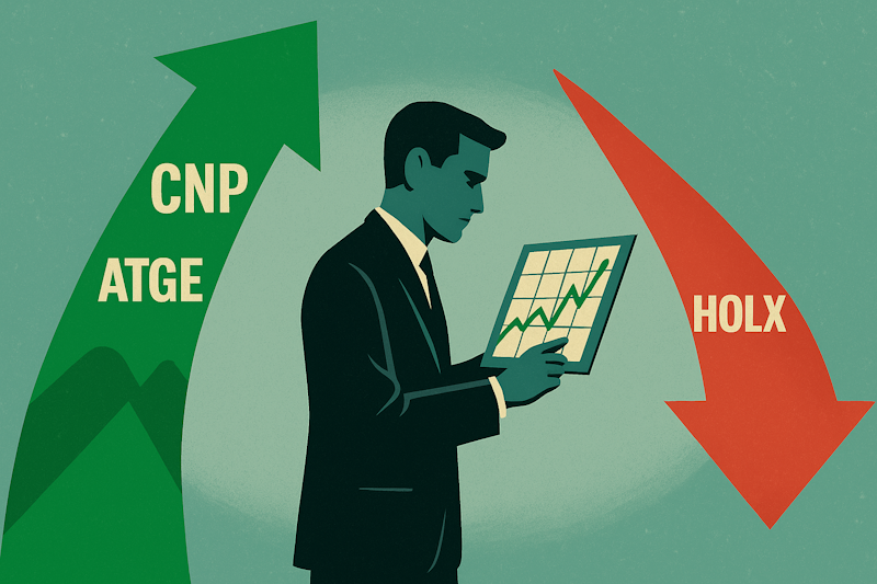 A trader standing between a rising green arrow with bullish tickers (CNP and ATGE) in it and a falling red arrow with a bearish ticker (HOLX) in it.