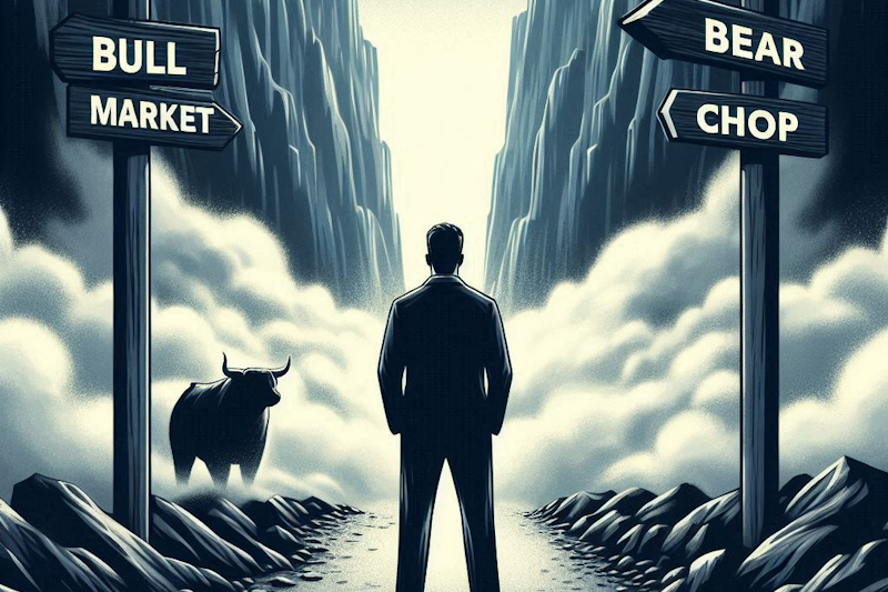 A trader standing on a path obscured by fog with directional signs saying "Bull Market", "Bear" and "Chop"