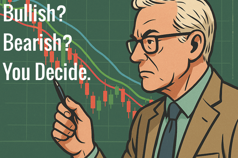 A trader holds a pencil up to a bearish chart, analyzing the trend. Text says "Bullish? Bearish? You Decide."
