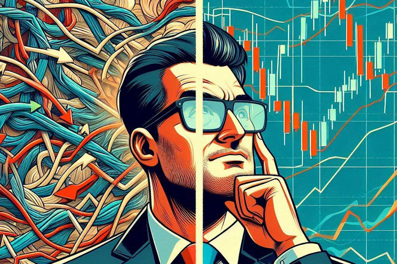 A split screen: on the left a confusing spaghetti-like mix of stock chart lines crashing into each other, on the right, a clean set of chart lines. In the middle one trader's face is split between two screens and he's looking to the right at the clear charts.