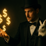 A magician complete with a rabbit in a hat holding his hand out in which appear floating dollar signs. Mysterious lighting.