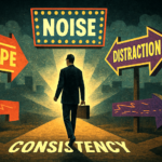 Illustration of a trader walking past bright neon signs labeled “Hype” and “Distraction,” choosing a quiet, well-lit path marked “Consistency.” The style mimics a vintage motivational poster.