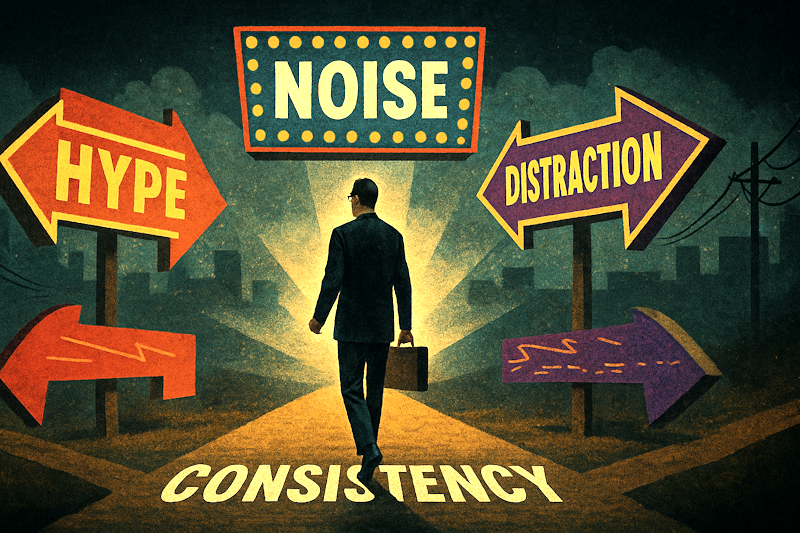 Illustration of a trader walking past bright neon signs labeled “Hype” and “Distraction,” choosing a quiet, well-lit path marked “Consistency.” The style mimics a vintage motivational poster.