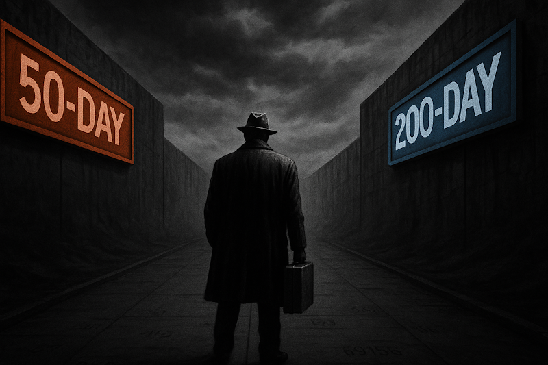 Black and white photo of a trader, as seen from behind, trapped between two walls, on the left, one that is labeled 50 Day in red and on the right, one that is labeled 200 day in blue. Reminiscent of old noir films.