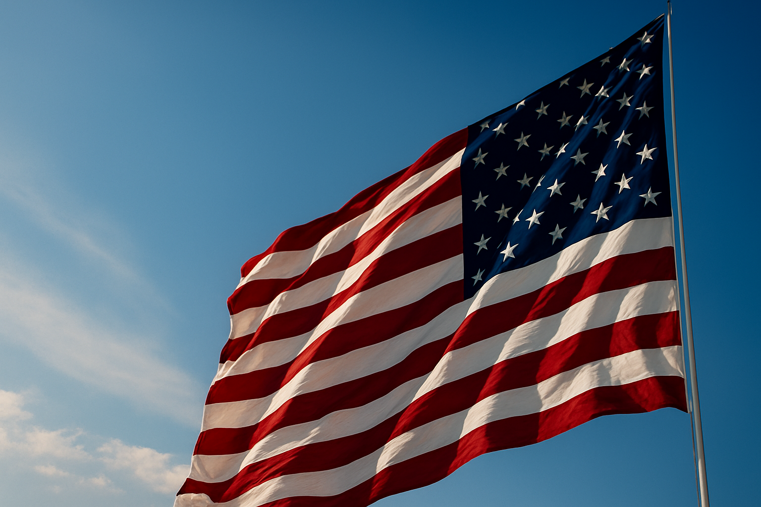 A closeup of a US flag set against a blue sky.