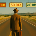 An illustration of a trader standing on a lonely desert road beneath glowing markers labeled “20-Day,” “50-Day,” and “200-Day." The scene resembles a Wes Anderson film still.