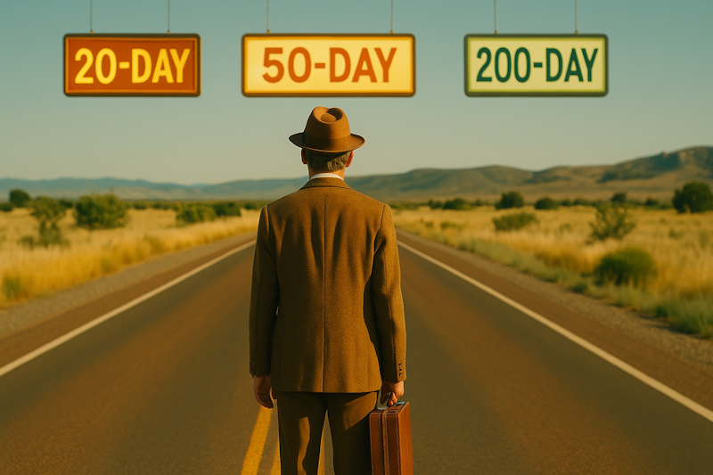 An illustration of a trader standing on a lonely desert road beneath glowing markers labeled “20-Day,” “50-Day,” and “200-Day." The scene resembles a Wes Anderson film still.