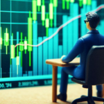 A tilt-shift style photo of a trader watching a massive green candle rally on a stock chart.