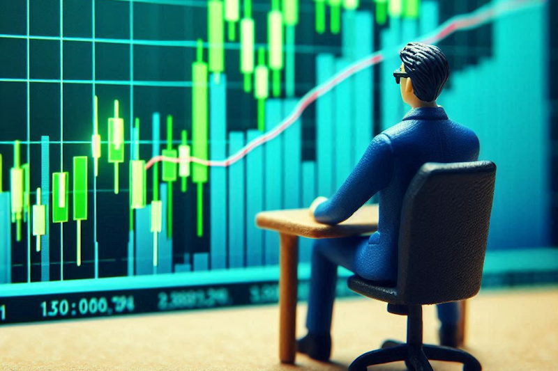 A tilt-shift style photo of a trader watching a massive green candle rally on a stock chart.