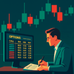 A focused trader sits at a desk reviewing an options trade, while a large stock chart in the background rises.