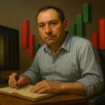 A stylized hyper-realistic digital illustration showing a trader seated at a desk with a red and green candlestick chart behind him.