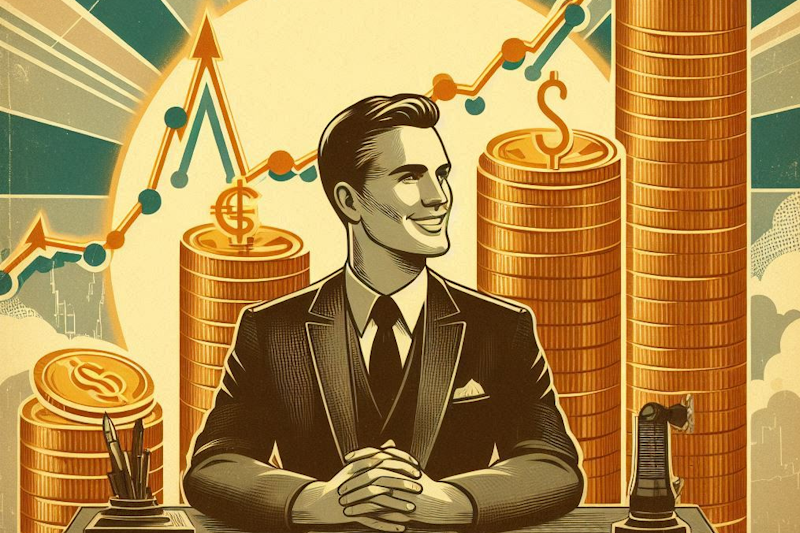 Illustration of a trader at a desk smiling as stacks of coins rise behind him along with a bullish stock chart.