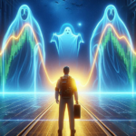 A small "Ghostbuster's" like figure in the foreground faces a huge chart in the background where the trendlines resemble ghosts.