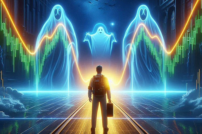 A small "Ghostbuster's" like figure in the foreground faces a huge chart in the background where the trendlines resemble ghosts.