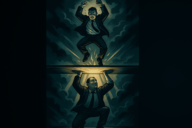 Two traders in — one below a "ceiling", straining to push it up, while another above jumps on what to him is his "floor", symbolizing shifting market structure and pressure between support and resistance.