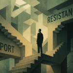 A surreal image inspired by M.C. Escher shows a trader at a twisting intersection of staircases where support becomes resistance and vice versa, representing the shift in market momentum.