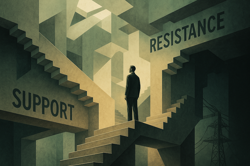 A surreal image inspired by M.C. Escher shows a trader at a twisting intersection of staircases where support becomes resistance and vice versa, representing the shift in market momentum.