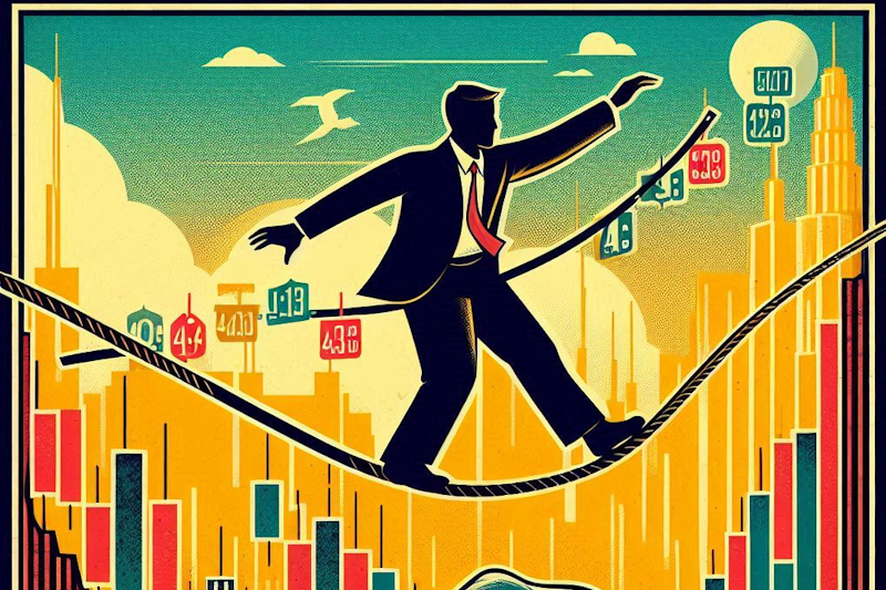 Illustration showing a trader walking a tightrope. as a stock chart below him moves down, then up, indicating volatility.