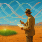A trader in a desert landscape examining a compass and a chart, with semi-transparent, glowing trendlines sweeping across the sky.